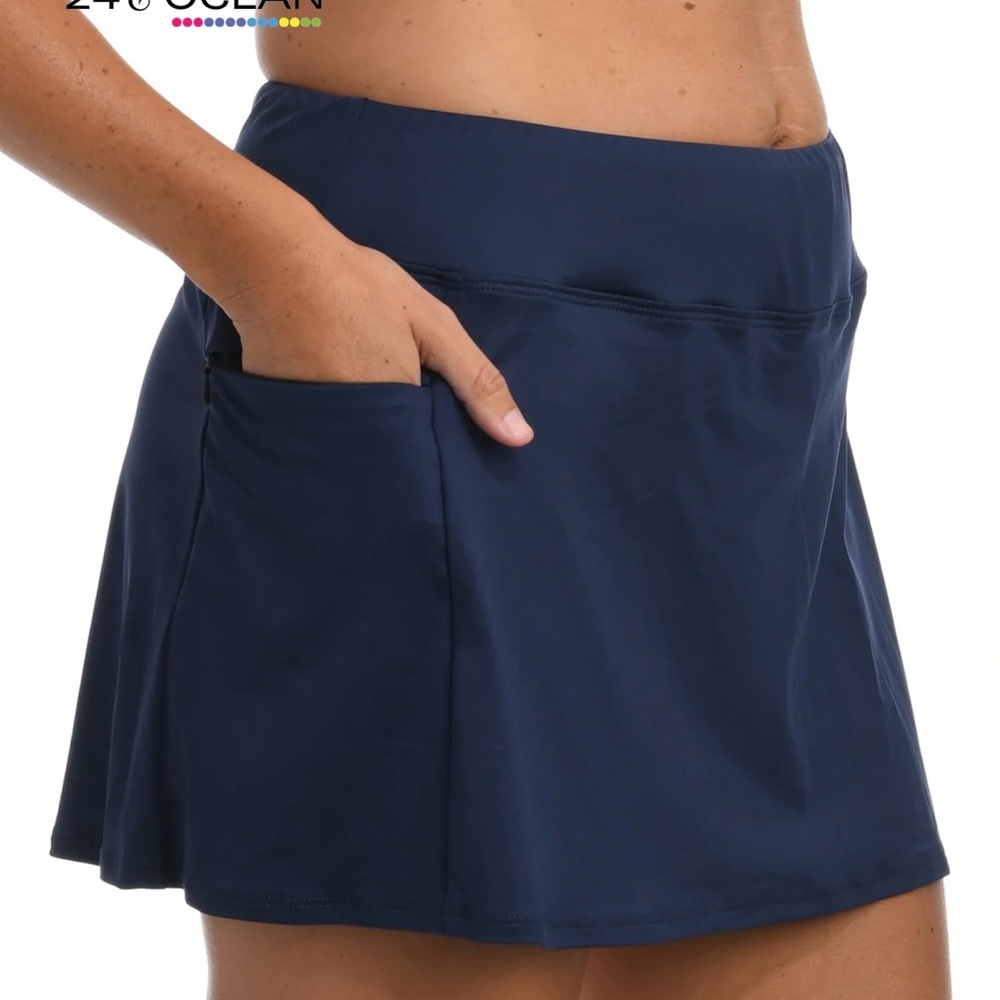 NWT 24 & Ocean Solid Swim Skort Skirt with Zipper Pocket in Blue Plus Size